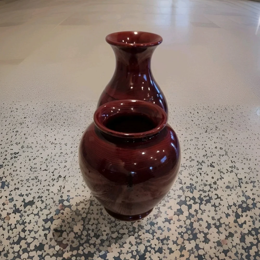 Frederick Cooper Chicago Turned Wood Vases‎ Set of 2 Oxblood Red MCM Korea